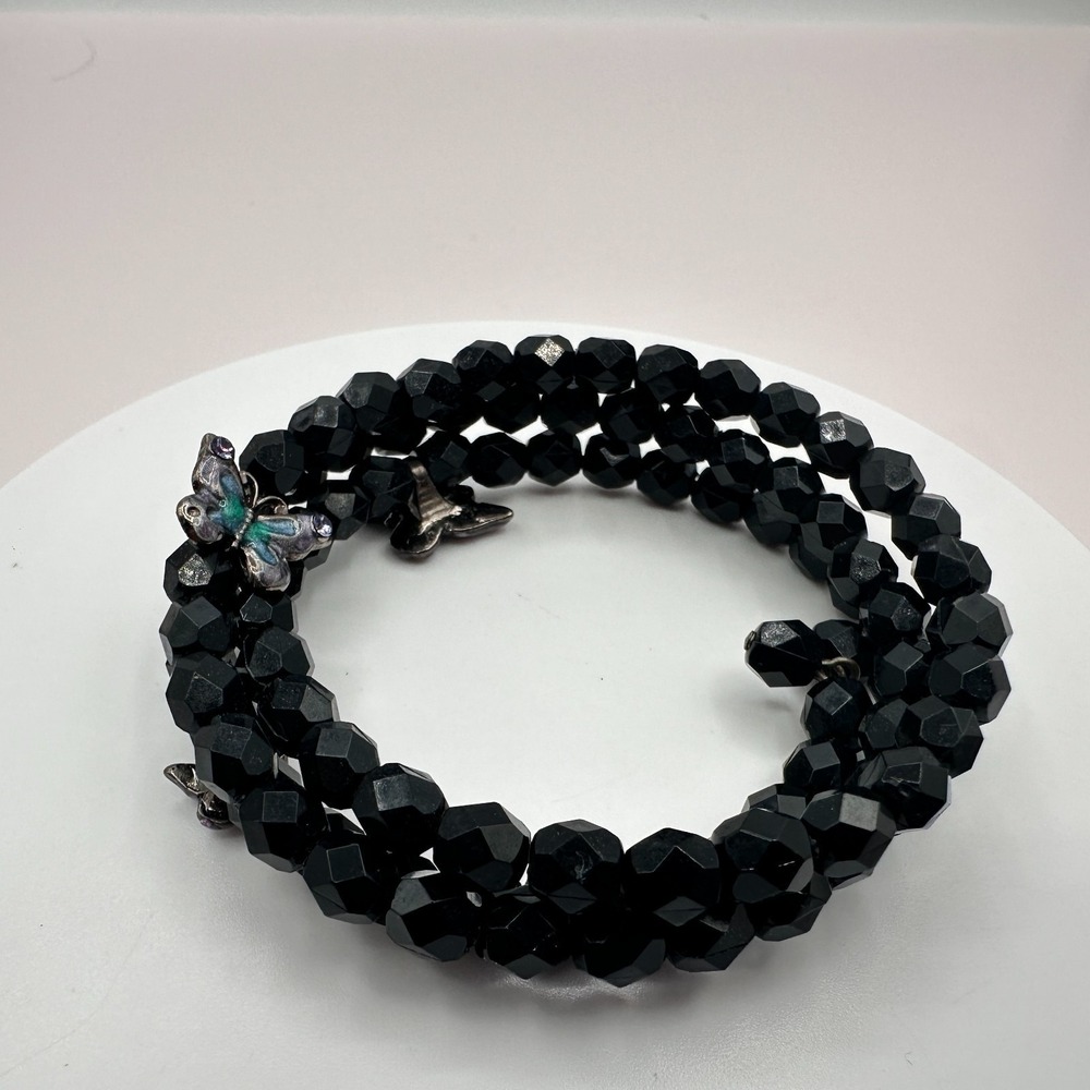 Vintage 90s Black Beaded Wrap Bracelet with Butterfly Charms - Boho Goth